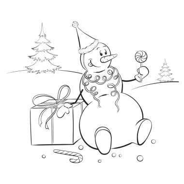 Kardan adam ve şekerlerle grafiksel Noel çizgisel çizimi