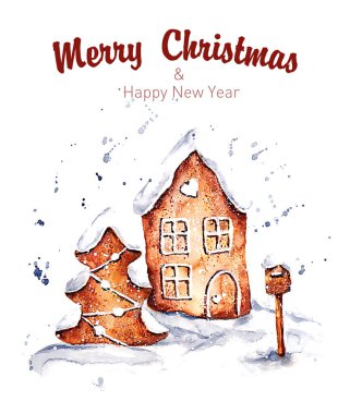 Noel kartı, zencefilli ekmek evi ve Noel ağacı.