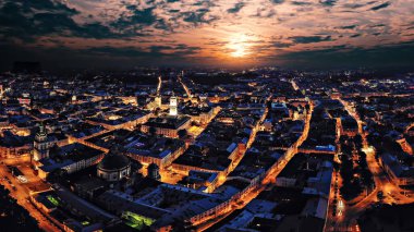 Ukraine. Lviv. Panorama of the central part of the city at sunset.