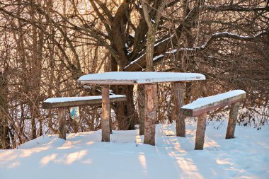 In the winter forest there is a table with benches covered with snow.