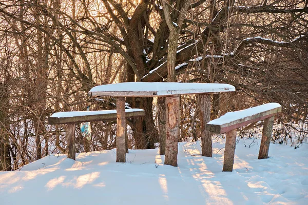 Winter Forest Table Benches Covered Snow — Fotografia de Stock