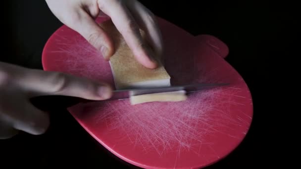 Mans Hand Cuts Pork Lard Thin Pieces Knife Close — Video