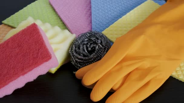 Demonstration Kitchen Care Products Kitchen Sponge Absorbent Napkins Protective Gloves — Stock Video
