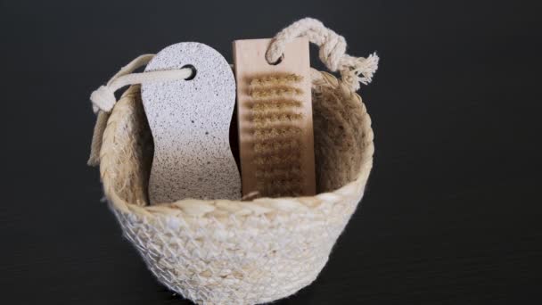 Straw Basket Containing Foot Massage Brush White Pumice Stone Natural — Vídeos de Stock