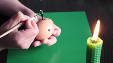 Mum üzerindeki mumu eritiyor, bir kalem yardımıyla, kız paskalya yumurtasının kalıbını çıkarıyor. Kapat..