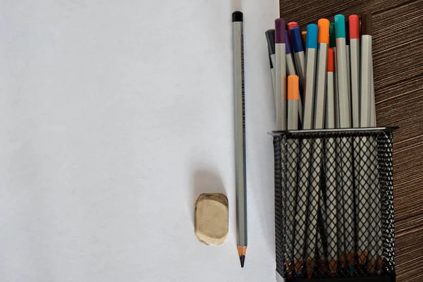 Colored Pencils Metal Holder Separately Lying Rubber Band Erasing Black — Stock Photo, Image