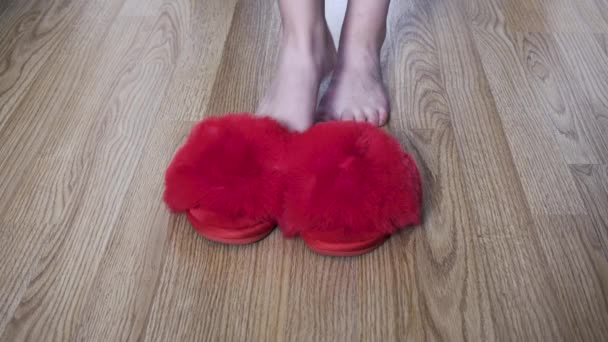 那个女孩穿着红色的蓬松的拖鞋 — 图库视频影像
