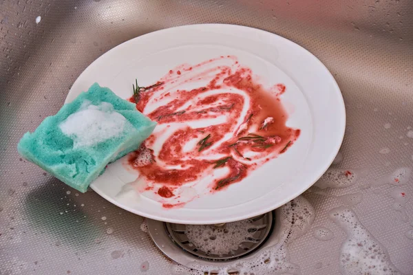 A dirty plate and a foam sponge with washing-up liquid are in the kitchen sink.
