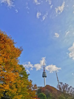 SEOUL, Güney Kore - 23 Ekim 2022 Seul Turisti Namsan dağ tepesi üzerinde yüksek kule ve turuncu yeşil yapraklı mavi gökyüzü
