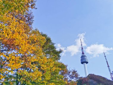 SEOUL, Güney Kore - 23 Ekim 2022 Seul Turisti Namsan dağ tepesi üzerinde yüksek kule ve turuncu yeşil yapraklı mavi gökyüzü