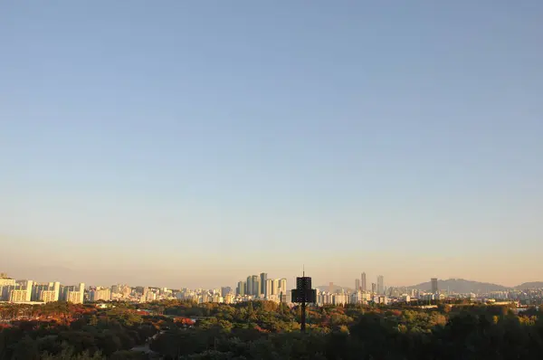 Seoul South Korea October 2022年10月24日 秋天五彩斑斓的树叶树 下午有许多建筑物 蓝天也有 — 图库照片