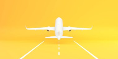 Fotokopi alanı olan sarı bir arka planda kalkış yapan uçak. Asgari tarz tasarım. Ön manzara. 3d resimleme