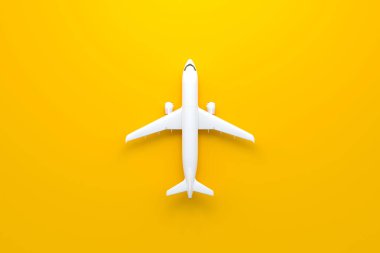 Fotokopi alanı olan sarı arka planda bir uçak. Asgari tarz tasarım. Üst Manzara. 3d resimleme
