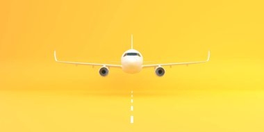 Fotokopi alanı olan sarı bir arka planda kalkış yapan uçak. Asgari tarz tasarım. Ön manzara. 3d resimleme