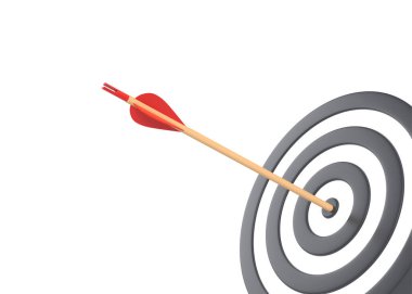 Ok, beyaz arkaplanda izole edilmiş bir şekilde dart tahtasının ortasına isabet etmiş. Okçuluk hedefi ve tam isabet. İş başarısı, yatırım hedefi, hedef stratejisi, başarı odaklanma konsepti. 3d resimleme