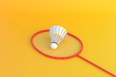 Badminton raketi ve sarı arka planda küçük bir horoz. 3d resimleme