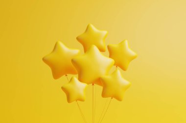 Sarı arka planda yüzen yıldız formunda sarı balonlar. 3d resimleme
