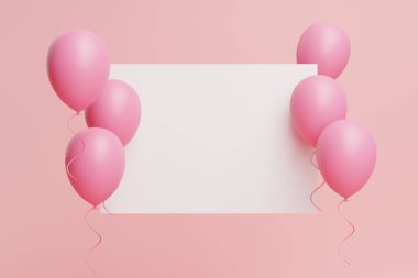 Pembe pastel balonlar ve pembe pastel arka planda yüzen kağıt. Doğum günü, parti, düğün kartları, reklam afişleri ve posterler için konsept. 3d resimleme