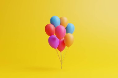Sarı arka planda bir sürü renkli balon. 3d resimleme