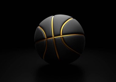 Altın Çizgili Siyah Basketbol Tasarımı Koyu Arkaplan. Havada basketbol ve noktalı doku. Üç boyutlu illüstrasyon. 3B görüntüleme yüksek çözünürlük.