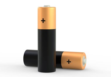 Beyaz arka planda izole edilmiş iki AA büyüklüğünde pil, karbon çinko piller, şarj edilebilir piller, modelleme. 3B resimleme