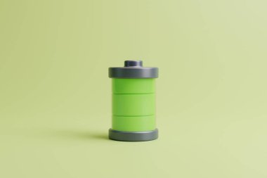 Yeşil zemin üzerinde yeşil seviye göstergesi olan pil. Şarj ve enerjiyi kavra. 3B Resim Hazırlama