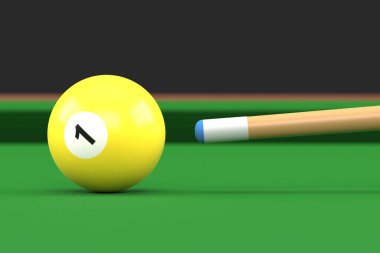 Bilardo masasındaki bir numaralı bilardo topunun yakın plan fotoğrafı. Bilardo topu bilardo topuna nişan alıyor. Gerçekçi parlak bilardo topu. 3d görüntüleme 3d