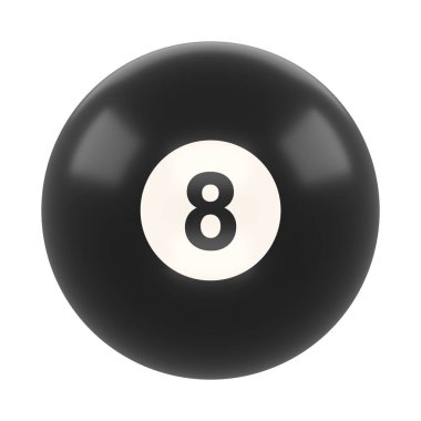 Sekiz numaralı bilardo topu beyaz arka planda izole edilmiş siyah renk. Gerçekçi parlak bilardo topu. 3B görüntüleme