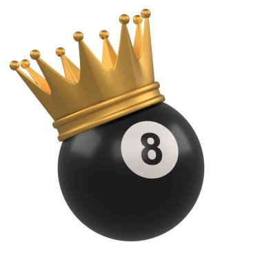 Sekiz numaralı bilardo topu siyah, beyaz arka planda izole edilmiş altın bir taç giyiyor. Gerçekçi parlak bilardo topu. 3B görüntüleme