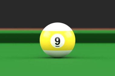 Dokuz numaralı bilardo topu bilardo masasında sarı ve beyaz renkli. Gerçekçi parlak bilardo topu. 3d görüntüleme 3d