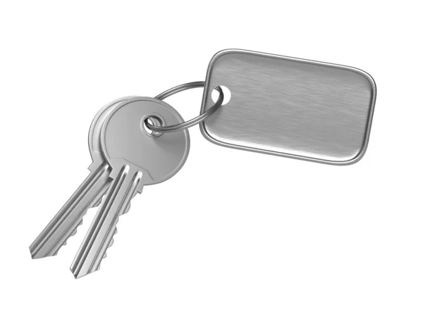 Metal Kapı Anahtarı Çelik Anahtarlık Beyaz Arkaplanda Izole Edilmiş Metin — Stok fotoğraf