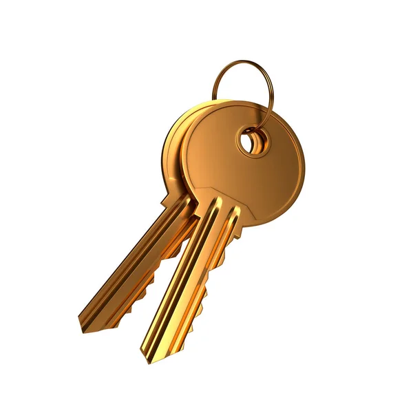 Bündel Goldener Schlüsselanhänger Mit Ring Auf Weißem Hintergrund Darstellung — Stockfoto