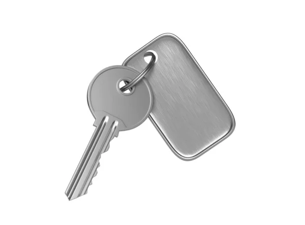 金属门钥匙 带有钢制钥匙圈和空白标签 用于文字或数字隔离在白色背景 3D渲染 3D插图 — 图库照片