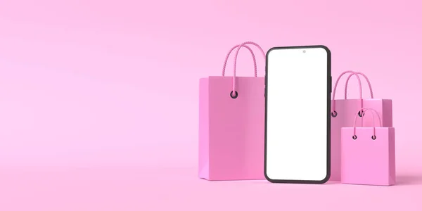 コピースペース付きピンクの背景にショッピングバッグと携帯電話でオンラインショッピング 創造的な最小限の概念 3Dレンダリング3Dイラスト — ストック写真