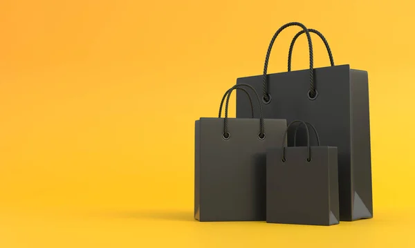 コピースペース付き黄色の背景に黒のショッピングバッグ 創造的な最小限の概念 3Dレンダリング3Dイラスト — ストック写真