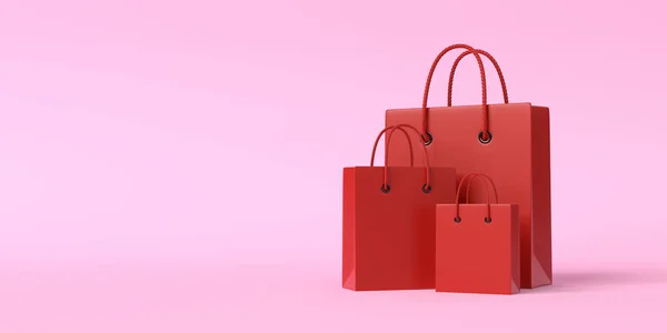 コピースペース付きピンクの背景に赤いショッピングバッグ 創造的な最小限の概念 3Dレンダリング3Dイラスト — ストック写真
