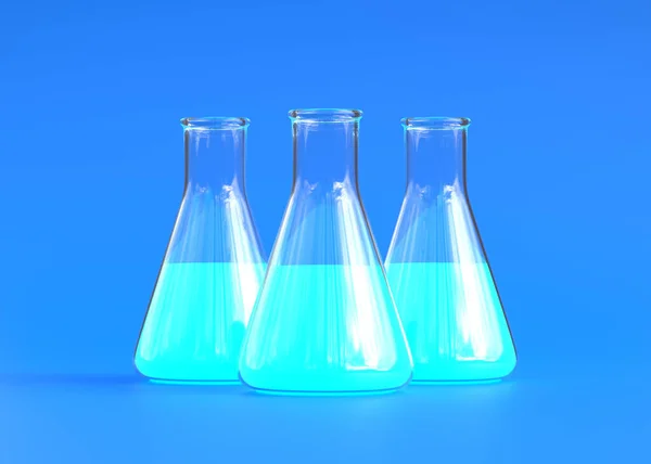 Trzy Kolby Erlenmeyera Niebieskim Płynem Niebieskim Tle Kolba Chemiczna Szkło — Zdjęcie stockowe