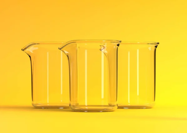Τρία Άδεια Ποτήρια Κίτρινο Φόντο Φιάλη Χημείας Γυαλί Εργαστηρίου Εξοπλισμός — Φωτογραφία Αρχείου