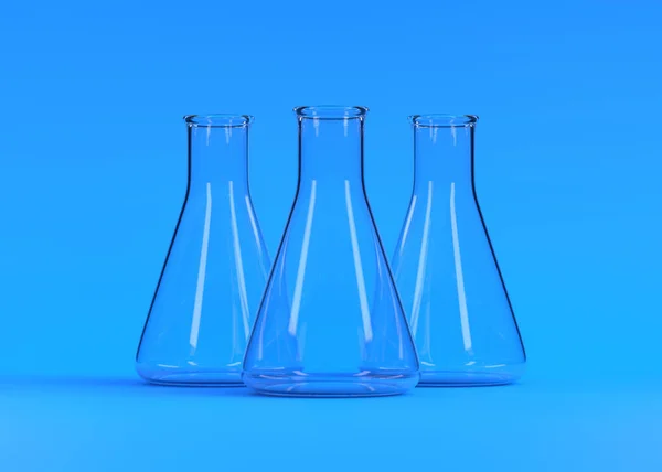 三瓶蓝色背景的空麦芽瓶 化学瓶 实验室玻璃器皿 最小的概念 3D渲染说明 — 图库照片