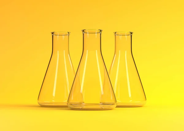 黄色の背景に3つの空の消しゴムフラスコ 化学フラスコ 研究室用ガラス製品 最小限のコンセプト 3Dレンダリング図 — ストック写真