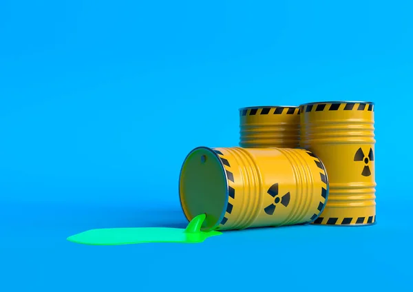 放射性廃棄物は 明るい青の背景に隔離された放射性シンボルを持つ黄色のバレル 樽の中の核廃棄物 漏れのある緑色の物質を含む有毒バレル 3Dレンダリング図 — ストック写真