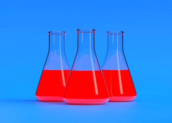 Τρεις Φιάλες Erlenmeyer Κόκκινο Υγρό Μπλε Φόντο Φιάλη Χημείας Γυαλί — Φωτογραφία Αρχείου