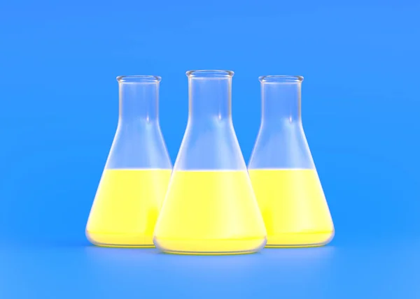 Trzy Kolby Erlenmeyera Żółtym Płynem Niebieskim Tle Kolba Chemiczna Szkło — Zdjęcie stockowe