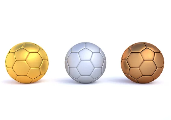 Trzy Piłki Nożnej Złoto Srebro Brąz Dla Pierwszej Sekundy Trzeciej — Zdjęcie stockowe