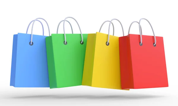 Flying Set Colorful Empty Shopping Bags Isolated White Background Minimalist — Stock Photo, Image