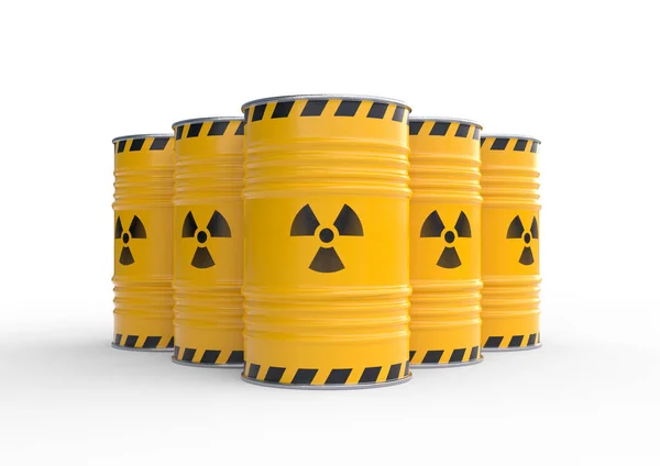 Barris Amarelos Resíduos Radioativos Com Símbolo Radioativo Isolados Sobre Fundo — Fotografia de Stock