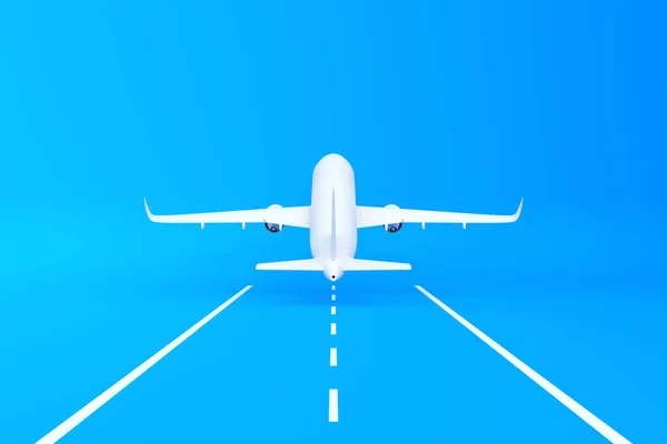 飛行機はコピースペースの青い背景で滑走路を離陸します ミニマルなデザイン 正面図 3Dレンダリング図 — ストック写真