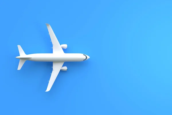 コピースペースと青の背景に飛行機 ミニマルなデザイン 最上階だ 3Dレンダリング図 — ストック写真