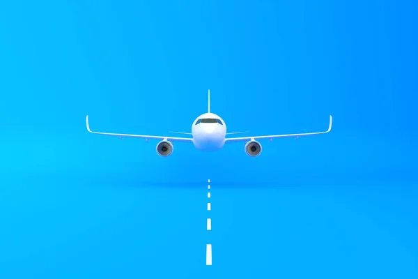 飞机在蓝色背景下起飞 有复制空间 简约的风格设计 前面的景色3D渲染说明 — 图库照片