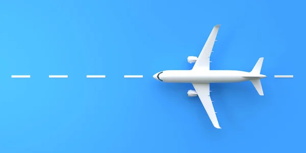 コピースペースと青の背景に飛行機 ミニマルなデザイン 最上階だ 3Dレンダリング図 — ストック写真